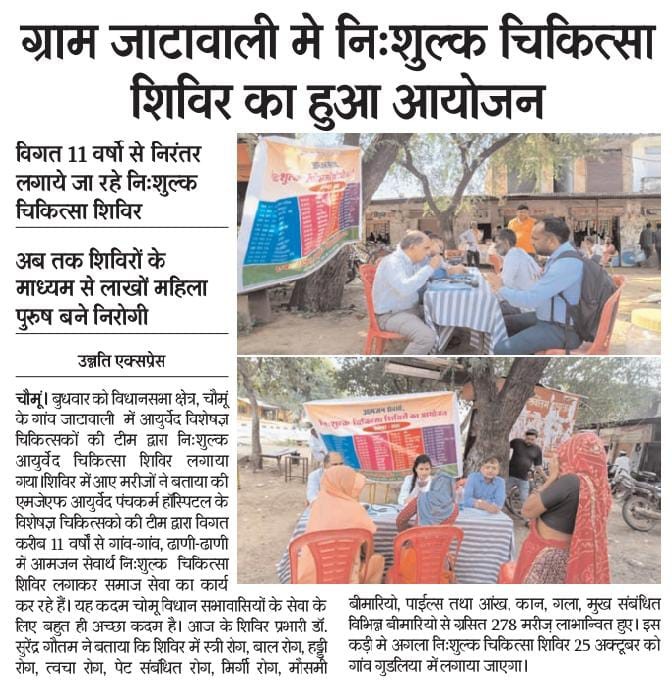 NEWSPAPERS HEADLINES OF WEEKLY FREE MEDICAL CAMP ORGANIZED AT VILLAGE-JATAWALI ON DATED- 18.10.2023