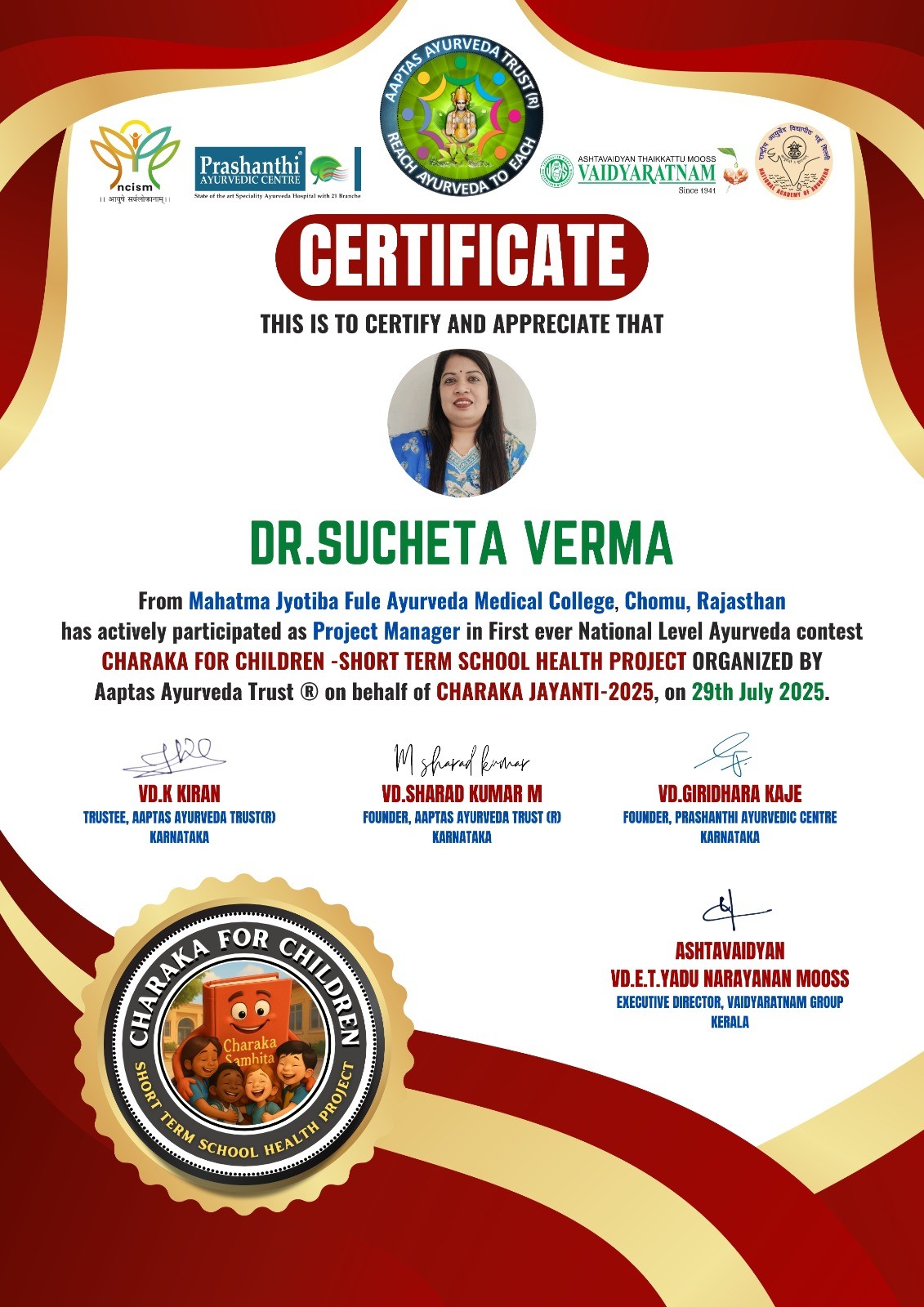 CERTIFICATE CHARAKA FOR CHILDREN